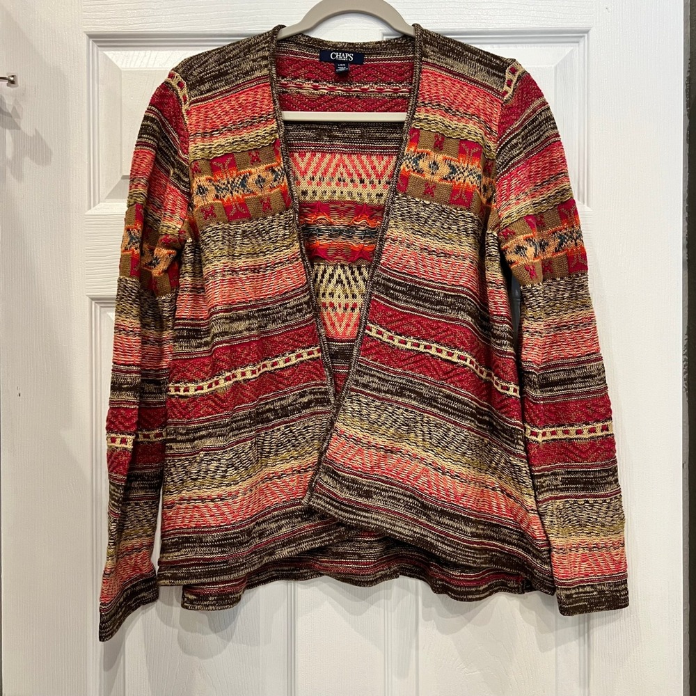 Chaps Denim Cardigan Cotton Linen Southwestern Open Front L Boho Tribal
